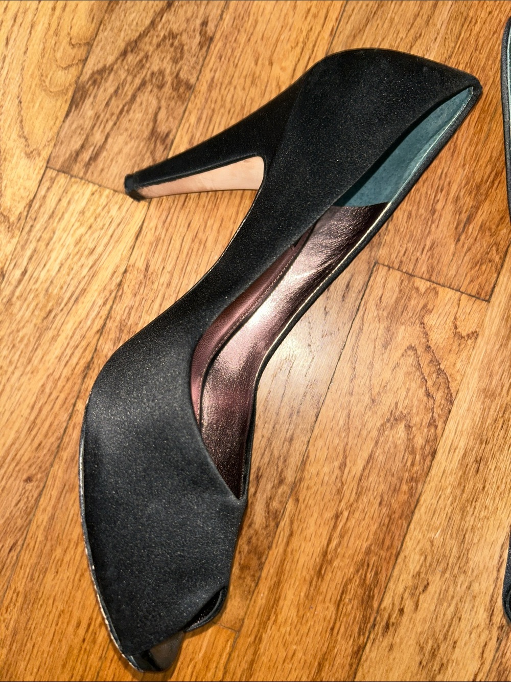 Glint Black Satin Peep-Toe Mid Heels size 9